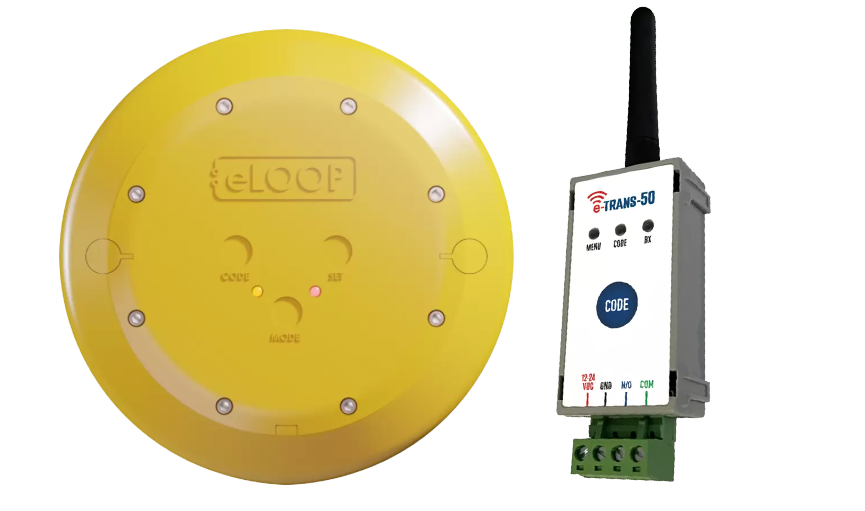 eLoop Mini wireless vehicle detector and e-Trans-50 receiver for gate automation systems
