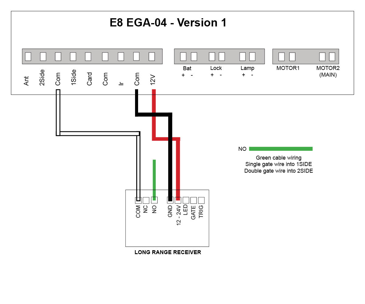 wiring long range receive to E8 auto gate