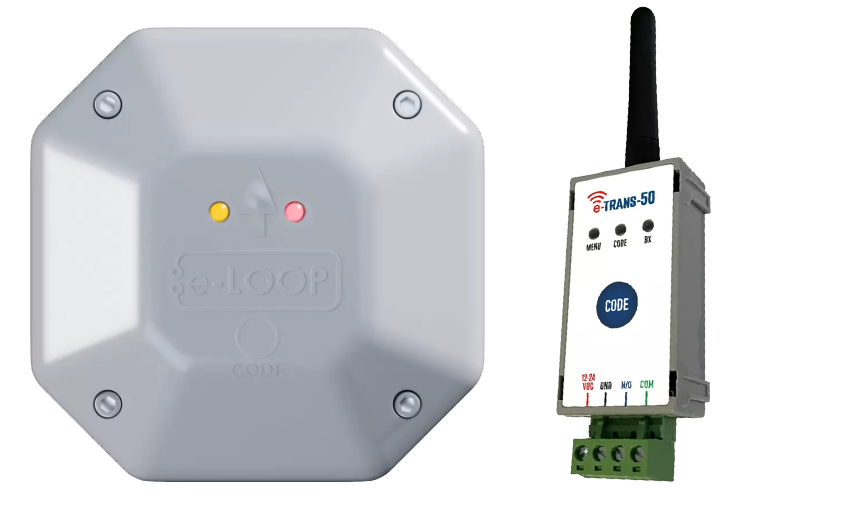 eLoop Mini wireless vehicle detector and e-TRANS-50 receiver unit for gate automation systems